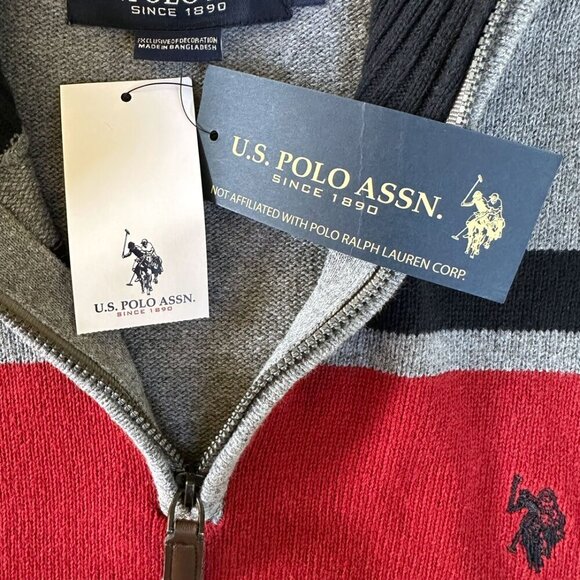Men's Quarter Zip Sweater XL Gray Red Chest Stripe Preppy Classic Sporty Office - Picture 5 of 8